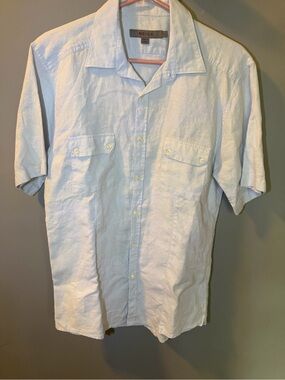 Reiss Pale Blue Short Sleeve Linen Button-Down Shirt